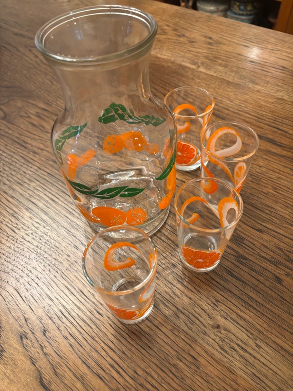 Vintage 1960s Anchor Hocking Citrus Orange Juice Carafe & 4 Juice Glasses MCM - Picture 3 of 15